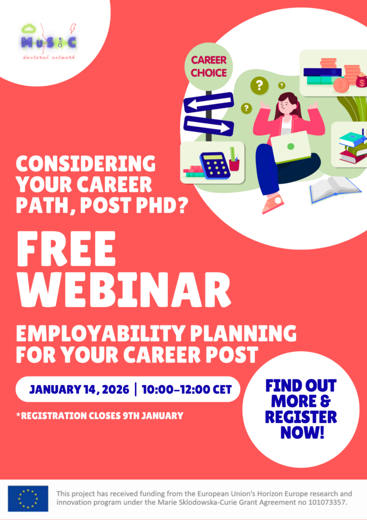 Alt text: Bright poster for a free webinar on employability planning for post-PhD career paths. Includes illustrations of a person with career choice icons, and text details with date, time, and registration info. European Union funding noted at the bottom.